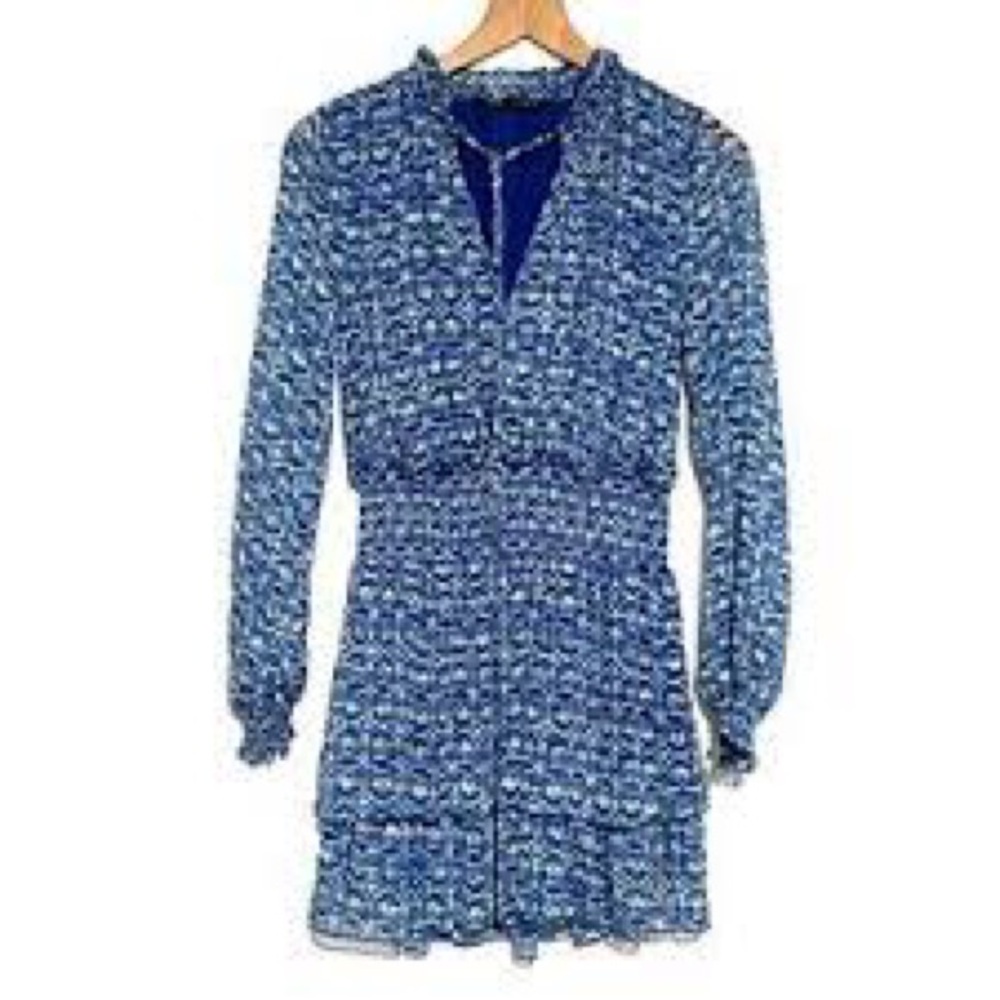 Zara Blue Printed Long-Sleeve V-Neck Dress
